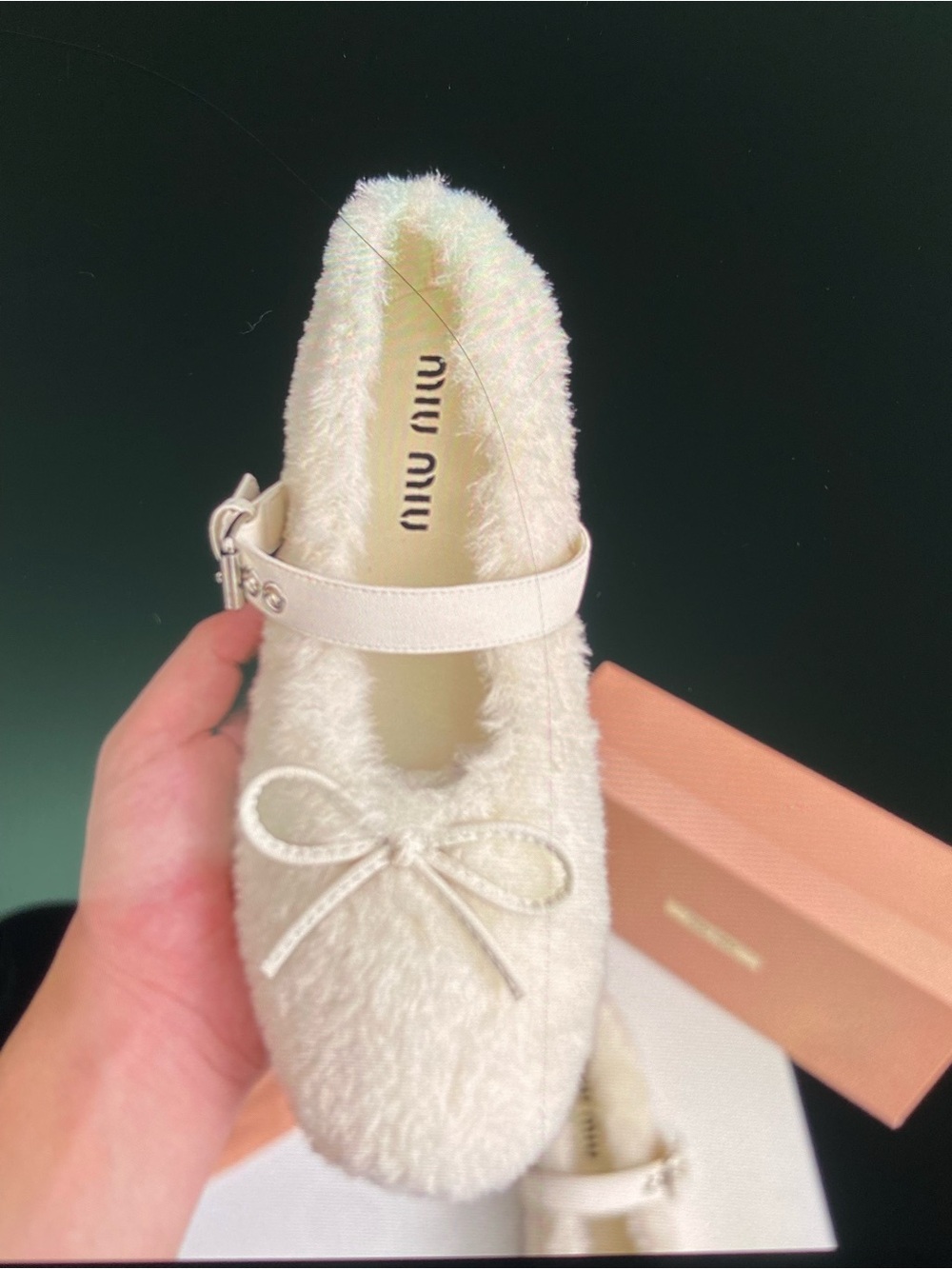 Miu Miu Cream Faux-Shearling Mary Jane Flat with Bow Detail